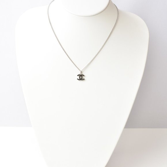 CHANEL Necklace Pendant Coco Mark CC Double-Sided Rhinestone Black Silver - Picture 2 of 5